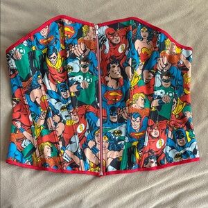 DC comic print bustier corset with lace-up back